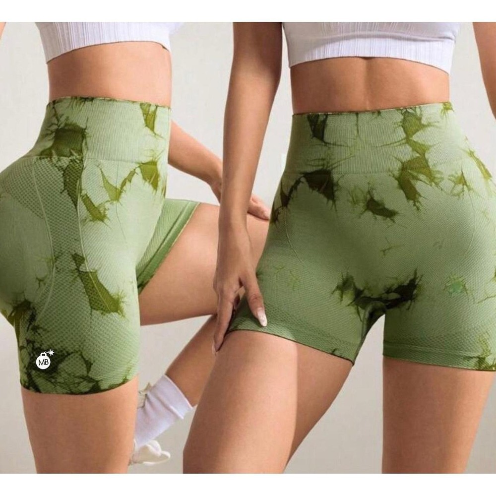 Green Tie Dye Seamless Athletic Gym Shorts Scrunch Butt Medium
